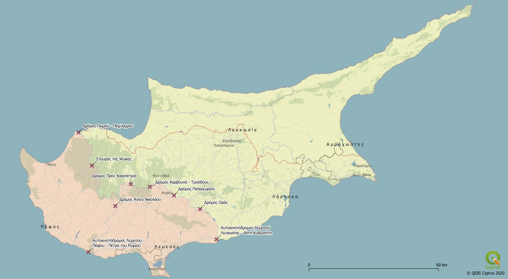 QGIS map of Cyprus Police checkpoint locations during the 2020 COVID-19 curfew, on roads to and from Limassol and Paphos