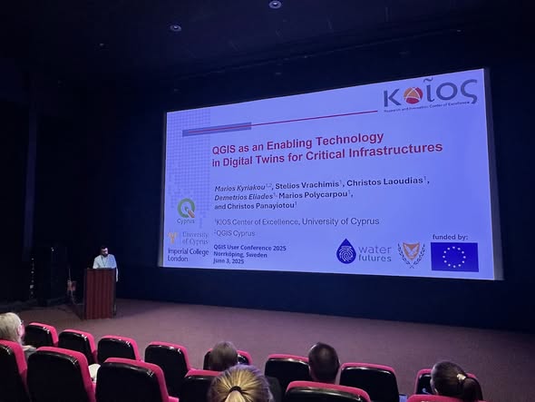 Marios Kyriakou presenting 'QGIS as an Enabling Technology in Digital Twins for Critical Infrastructures' at QGIS User Conference 2025, Norrköping
